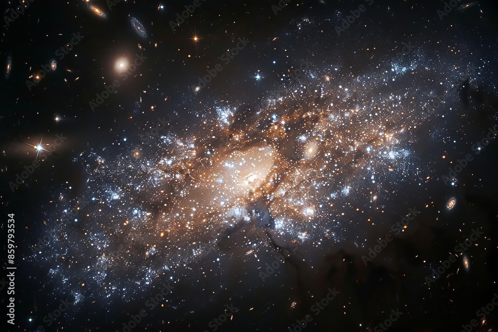 Obraz premium Dwarf galaxy with scattered stars, faint glow, dark background, closeup shot, small yet vibrant.,