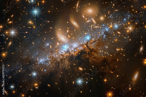 Dwarf galaxy with scattered stars, faint glow, dark background, closeup shot, small yet vibrant.,