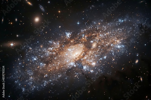 Dwarf galaxy with scattered stars, faint glow, dark background, closeup shot, small yet vibrant.,