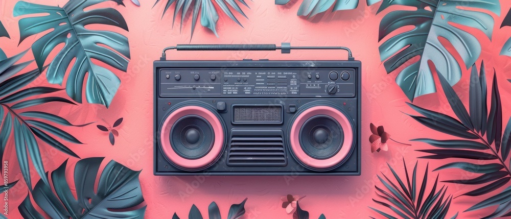 Obraz premium Retro Boombox Surrounded by Tropical Leaves