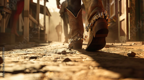 Country western is the clink of spurs as a cowboy walks into a saloon: Depict a close-up of spurs jingling on a cowboy's boots as they enter a saloon, symbolizing the classic imagery of the Old West photo
