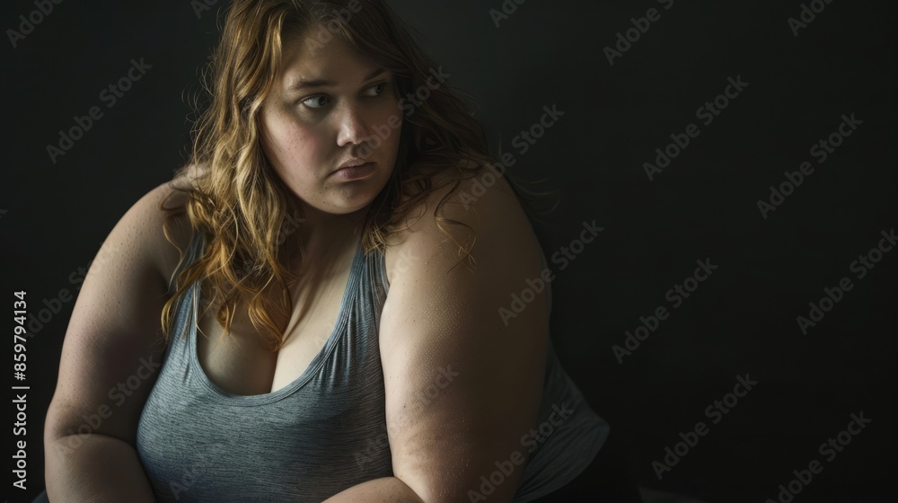 Fat woman with sad face worried about health problems Fat woman with sad face worried about health problems