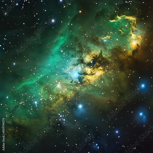 Green and gold nebula, luminous tendrils, star clusters, deep black background, midshot, otherworldly beauty.,