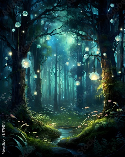 Fantasy landscape with magic forest and moonlight - illustration for children