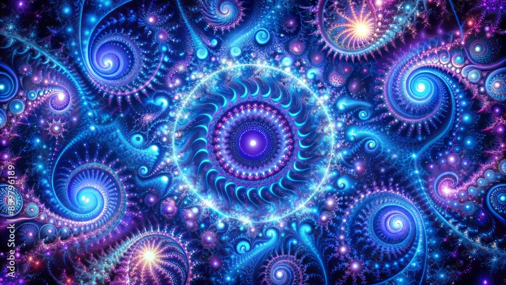 Vibrant cosmic fractal patterns swirl amidst nebulous clouds of electric blue and purple hues, evoking a mesmerizing digital universe of infinite depth. Vibrant cosmic fractal patterns swirl amidst nebulous clouds of electric blue and purple hues, evoking a mesmerizing digital universe of infinite depth.