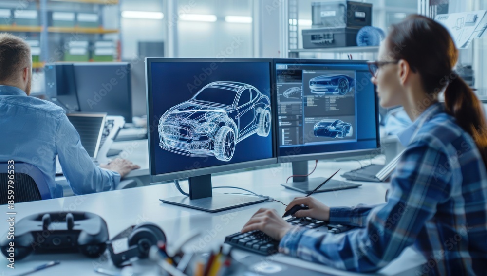 Female Automotive Designer Working on a Computer Female Automotive Designer Working on a Computer