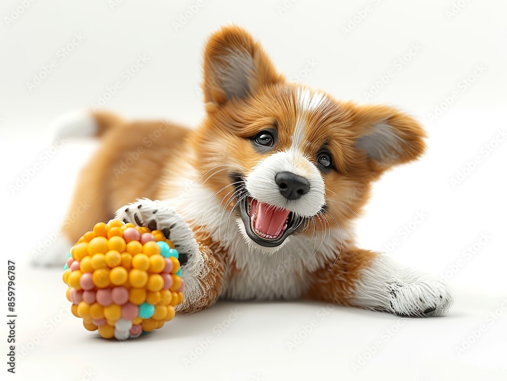 Puppy playing with a ball, pet animal, 3D illustration, bright colors, isolated on white background Minimalism, Puppy playing with a ball, pet animal, 3D illustration, bright colors, isolated on white background Minimalism,