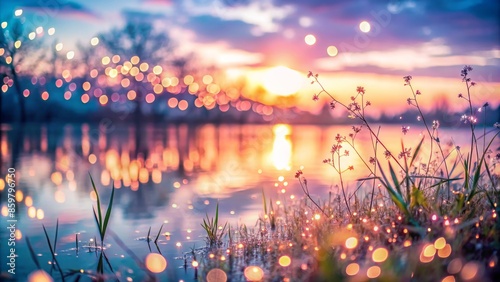 Delicate, creamy pastel hues of dawn or dusk illuminate a serene, dreamy atmosphere with gentle, feathered bokeh, evoking a sense of peacefulness. photo