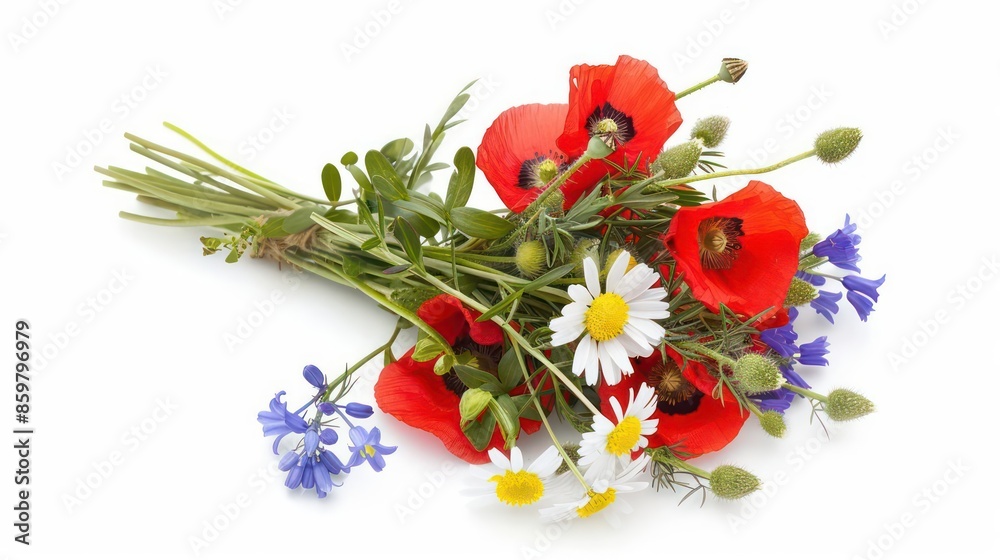 A bouquet of wildflowers, including poppies and bluebells, isolated on white A bouquet of wildflowers, including poppies and bluebells, isolated on white