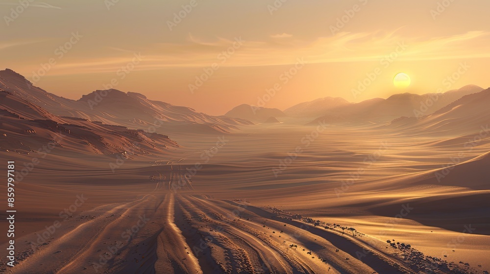 Naklejka premium A desert scene with a sun in the sky