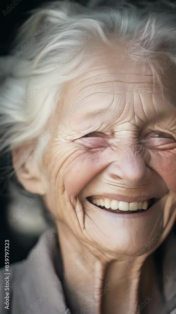 Close-up of an elderly Caucasian woman smiling warmly. Her deep wrinkles and white hair add character, reflecting a life well-lived. Captured during the day, she wears casual clothing. Close-up of an elderly Caucasian woman smiling warmly. Her deep wrinkles and white hair add character, reflecting a life well-lived. Captured during the day, she wears casual clothing.