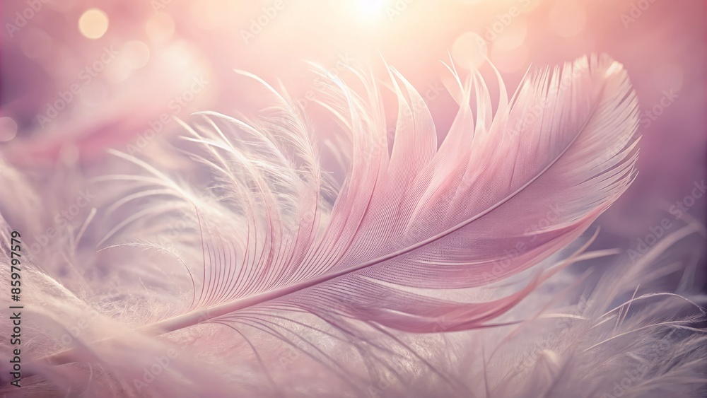 Obraz premium Soft pink feathers create a lush, textured background, featuring a single, pristine swan feather, showcasing delicate plumage, and subtle sheen in a serene, peaceful atmosphere.