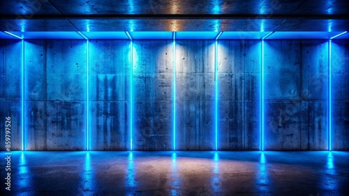 Moody urban landscape featuring a worn, grey cement wall illuminated by vibrant, electric blue neon lights set against a deep, velvety black background.