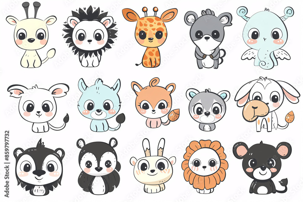 Cute baby animals drawn in a cartoon style with big eyes and expressive faces Cute baby animals drawn in a cartoon style with big eyes and expressive faces