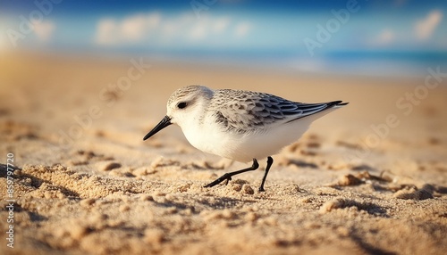 a small sanderling bird foraging on a sandy beach on a bright sunny day photo