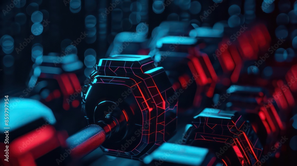 A closeup of abstract digital weights and exercise icons, with space for copy on a futuristic banner A closeup of abstract digital weights and exercise icons, with space for copy on a futuristic banner