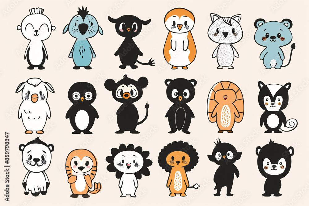 Obraz premium Illustration of cute animal characters in various poses on a white background