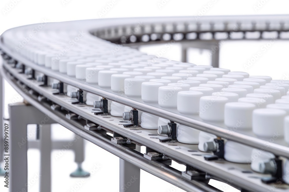 Fototapeta premium A conveyor belt carrying products isolated on a clean white background