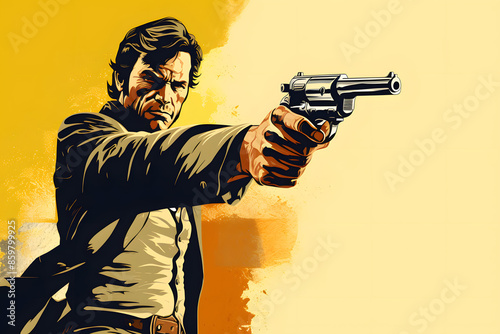 vintage style illustrated man shooting a pistol, shooting a pistol illustration