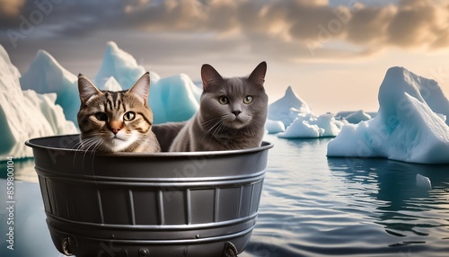 an ashen cat with a beige cat after the shipwreck are drifting in a steel wash tub called catanic among the icebergs in the sea photo