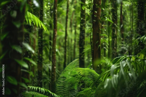 A dense forest with towering trees and a lush green canopy