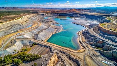 Aerial view of vanadium mine tailings dam, a massive man-made landscape of grayish-blue rocky waste, surrounded by barren terrain and sparse vegetation.