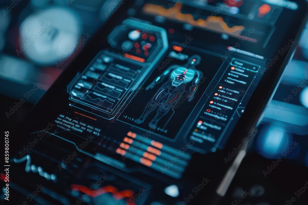 A detailed shot of a cyber fitness app displaying futuristic workout routines, with room for text A detailed shot of a cyber fitness app displaying futuristic workout routines, with room for text