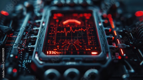 A detailed shot of a cybernetic heart rate monitor, ideal for a fitnessthemed banner with copy space photo