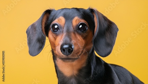 dachshund small dog yellow background studio headshot © Yesenia