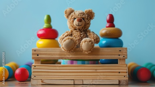 Cute Toy Collection for Small Children - Toy Box with Teddy Bear, Rattles, Blocks, and Pyramid on Light Blue Background - Donation Front View photo