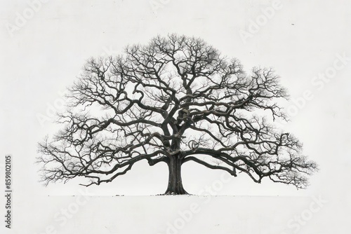 A lone ancient oak tree with sprawling branches on a white canvas
