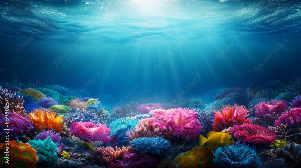 Naklejka premium Colorful coral reef under the ocean with vibrant marine life and sun rays shining down from the surface of the water.