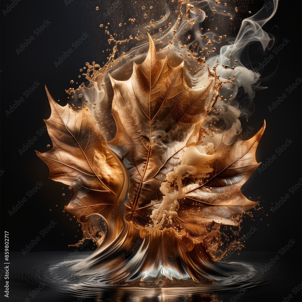 Fototapeta premium Golden Maple Leaf with Smoke and Liquid Splash on Dark Background
