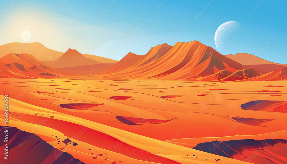Naklejka premium Scammers are the mirages of the digital desert: Illustrate a desert landscape with mirages of riches, symbolizing how scammers create illusions of wealth and success to lure victims online.