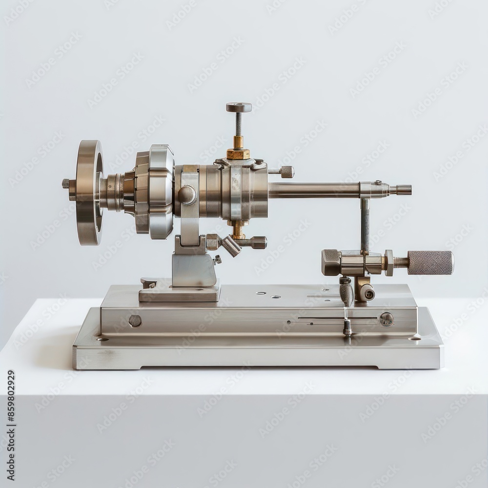 A precision lathe machine set on a white canvas A precision lathe machine set on a white canvas