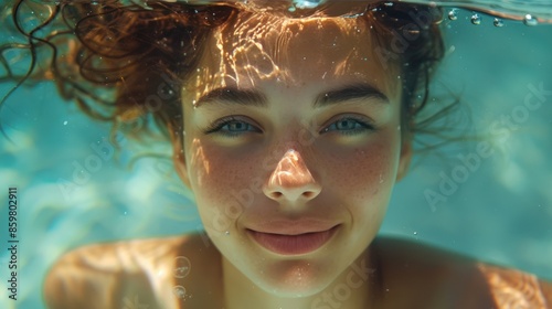 Underwater portrait of young woman swimming in blue pool, summer fun