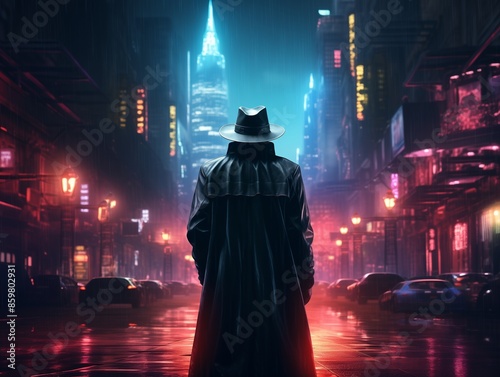 Mysterious Detective in Trench Coat and Fedora on Rainy City Street at Night photo