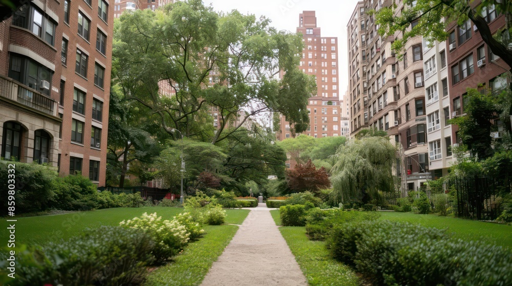 A serene city park surrounded by tall buildings, providing a peaceful urban oasis A serene city park surrounded by tall buildings, providing a peaceful urban oasis