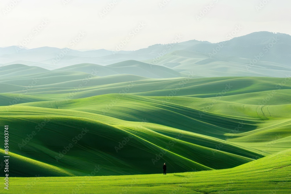 A single person stands in a rolling field of green hills, enjoying the peaceful countryside