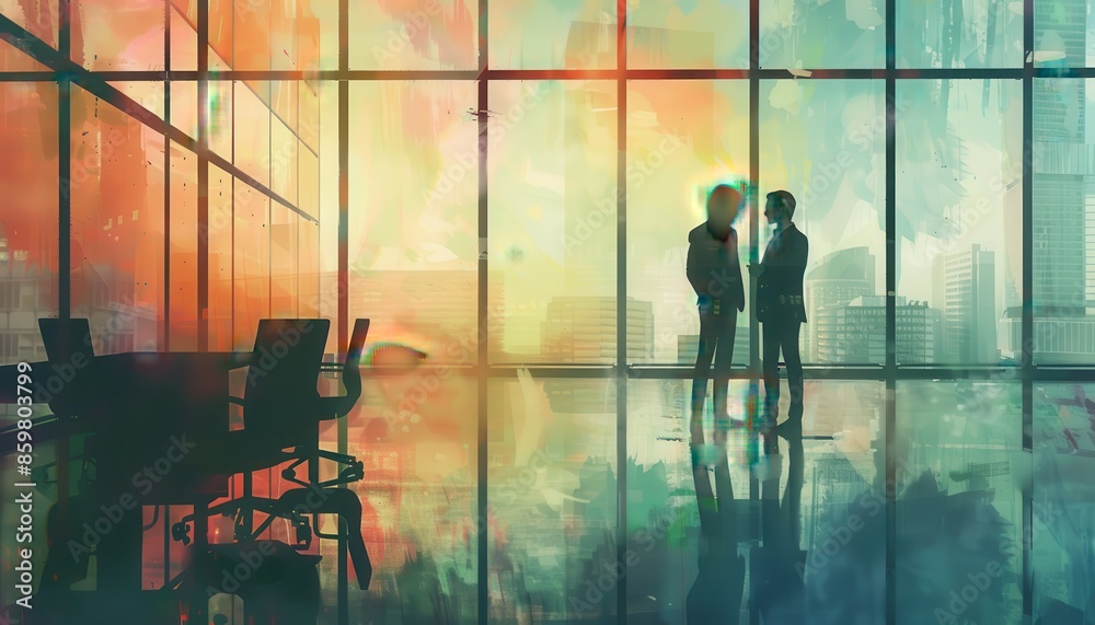 Silhouetted business meeting in modern office with colorful sunset reflections on glass windows symbolizing corporate discussions and planning. Silhouetted business meeting in modern office with colorful sunset reflections on glass windows symbolizing corporate discussions and planning.