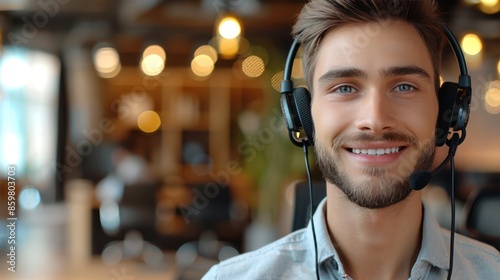 Smiling call center staff in modern office: portrait of handsome male customer service representative speaking with headset