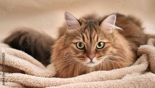 brown fluffy cat with a dissatisfied muzzle lies on a beige blanket © Amya