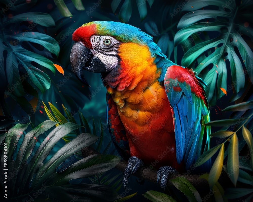 Vibrant macaw parrot perched among lush green leaves in a darkly lit tropical forest, showcasing its colorful feathers and exotic beauty. Vibrant macaw parrot perched among lush green leaves in a darkly lit tropical forest, showcasing its colorful feathers and exotic beauty.
