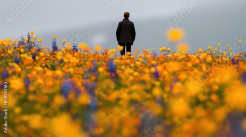 A solitary person stands in a blooming meadow, surrounded by vibrant wildflowers photo