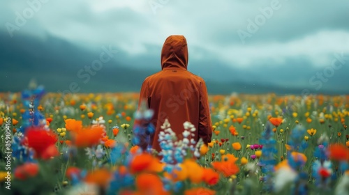 A solitary person stands in a blooming meadow, surrounded by vibrant wildflowers