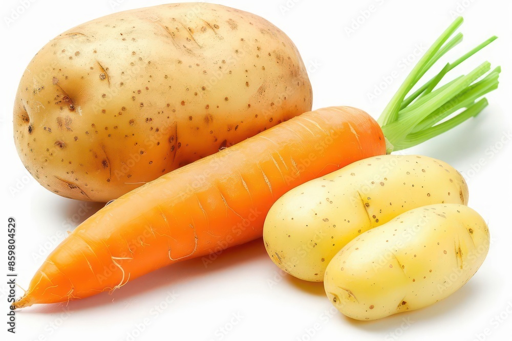 A vibrant carrot and a fresh potato isolated on a pristine white background A vibrant carrot and a fresh potato isolated on a pristine white background