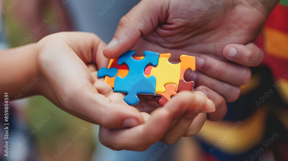 Fototapeta premium Puzzle as a symbol of the autism spectrum Family Support. image portrays a family holding hands, engaged in supportive activities.
