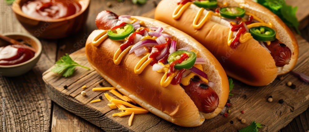 Delicious Grilled Hot Dogs with Toppings on Wooden Board - Perfect for Summer BBQ and Picnic