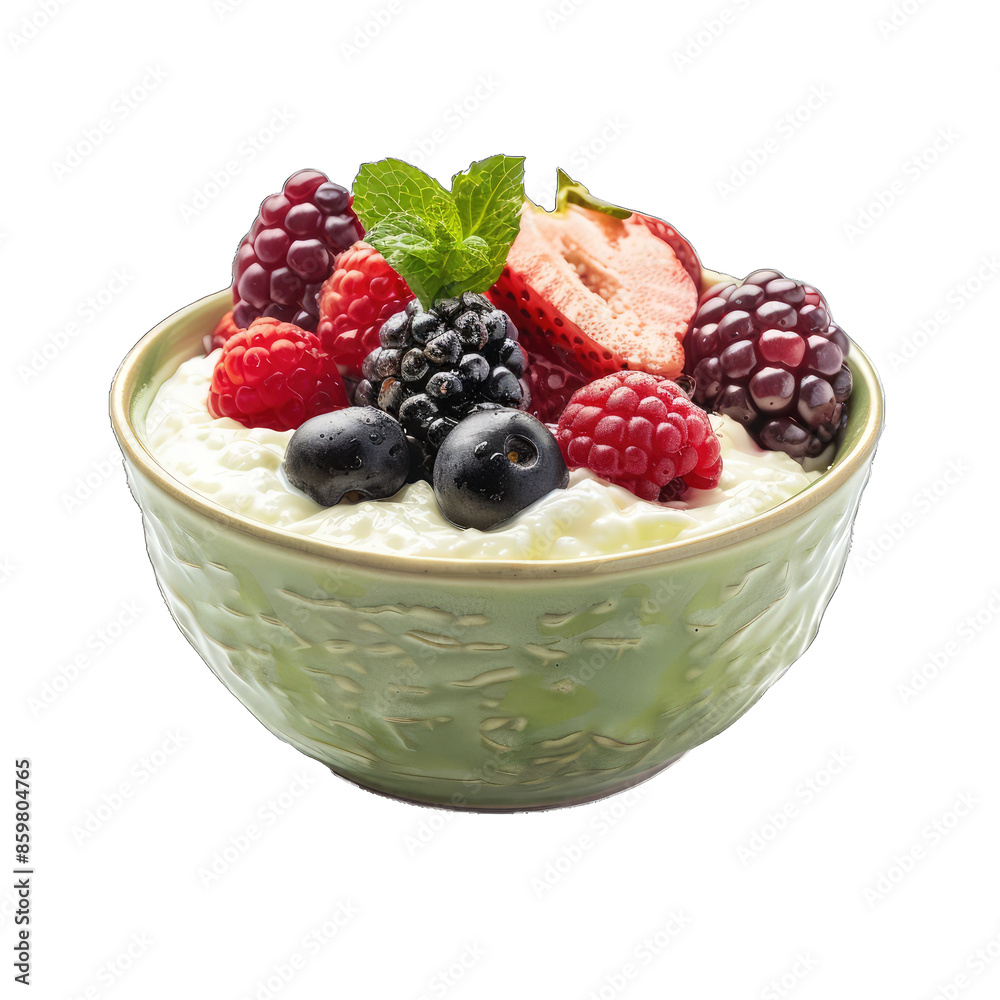 Greek Yogurt Bowl - Fresh Green Bowl Filled With Creamy Greek Yogurt and Vibrant Berries for Weight Loss. Isolated on a Transparent Background. Cutout PNG.