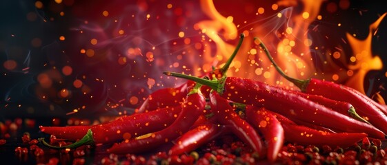 Crédence de cuisine  Fresh Red Chili Peppers with Fiery Flames and Spices in the Background, Capturing the Heat and Intensity of Spicy Cuisine  © FoxGrafy